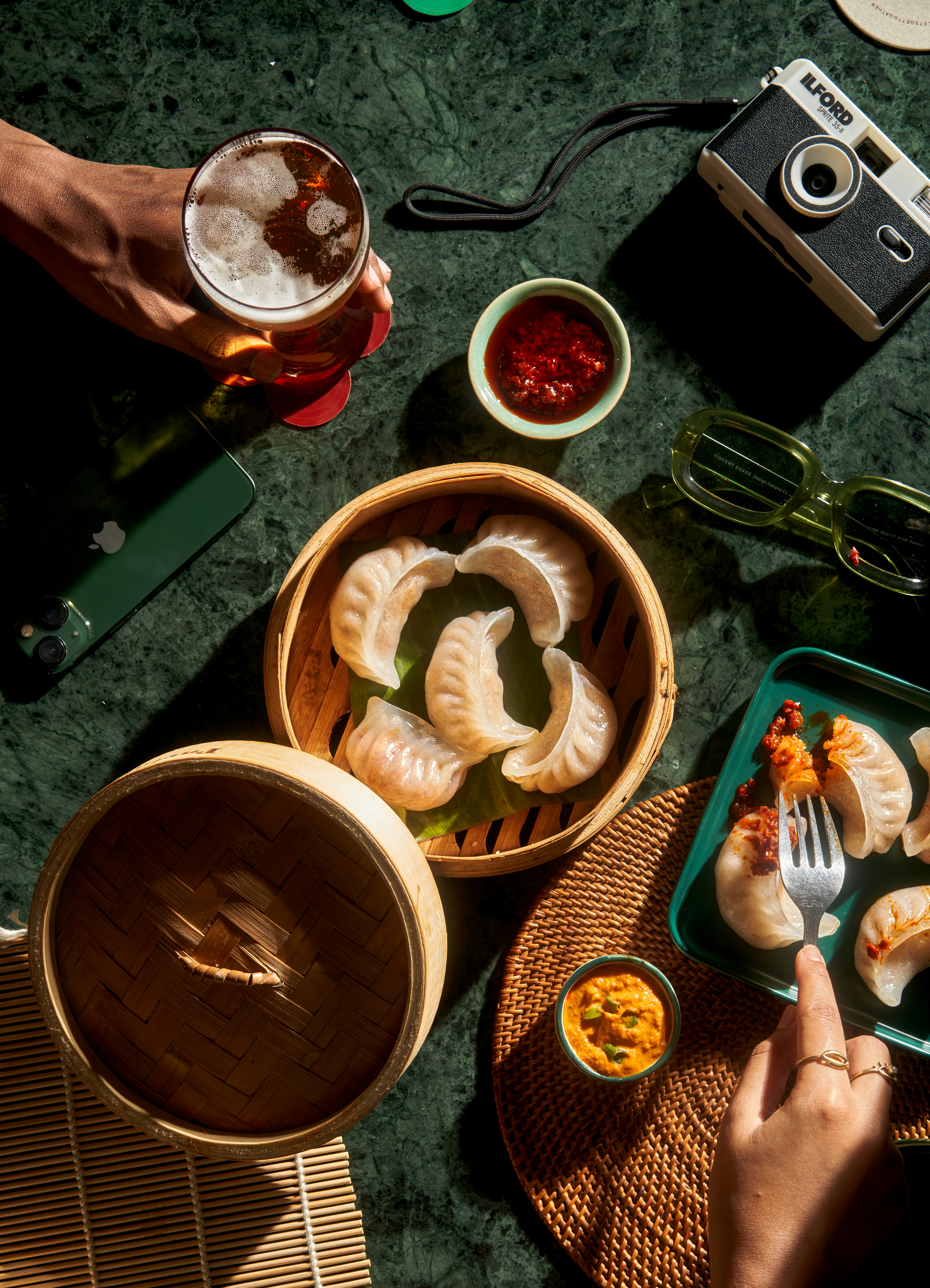 A shared meal with food from different cultures